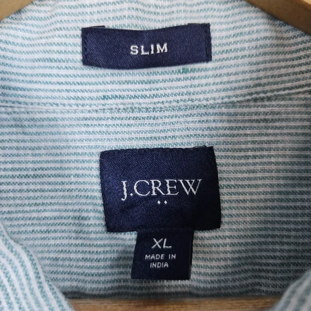 J Crew Green & White Striped Linen/Cotton Size‎ XL Slim Fit Shirt MINOR SNAGS